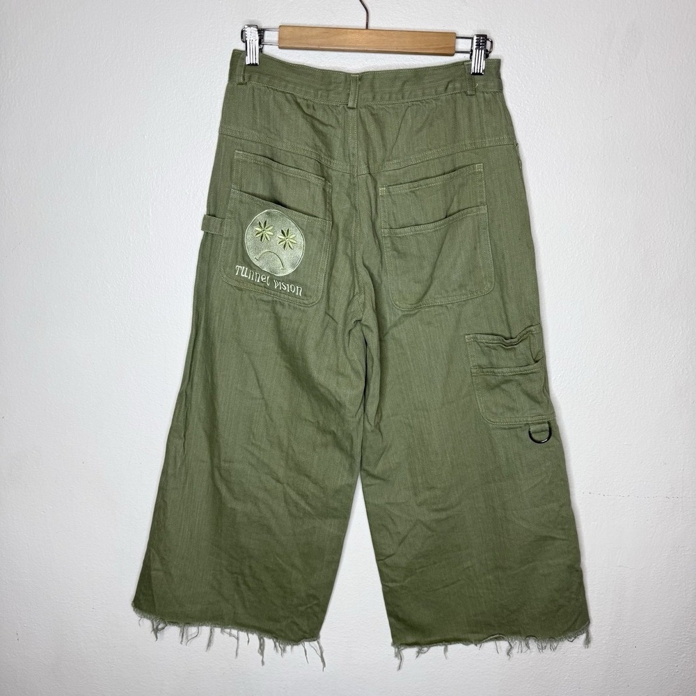 Tunnel Vision Olive Green Cargo Raw Hem Wide Leg Pants Grunge Womens Small Baggy